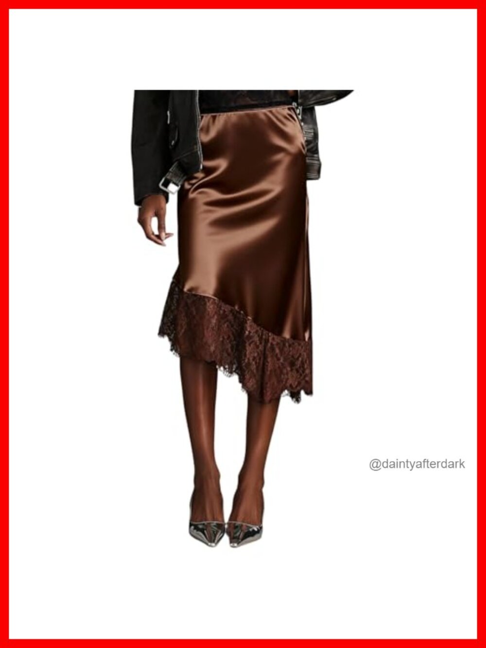 Women's Lace Trim Satin Midi Skirt Asymmetrical High Waist Flowy A-Line Elastic